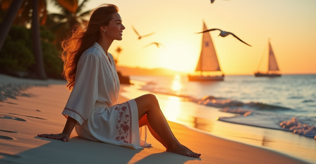 "A serene woman sits on a tranquil beach at sunset, exuding inner peace and balance in a soft white linen robe, surrounded by palm trees and sailboats."