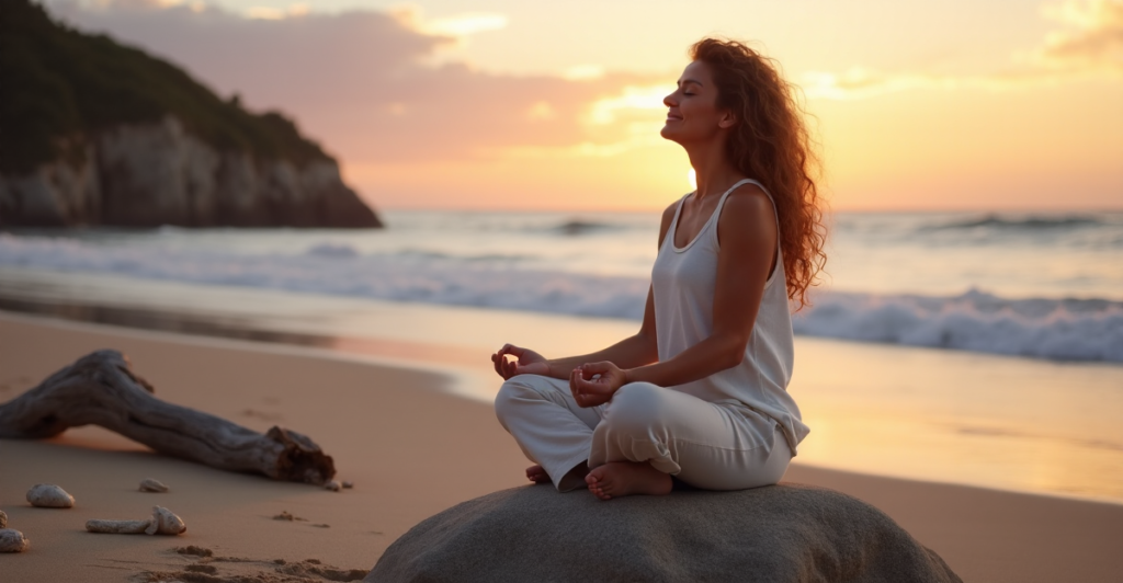 "A serene woman sits cross-legged on a beach rock at sunset, exuding deep relaxation with her eyes closed and hands clasped."