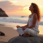 "A serene woman sits cross-legged on a beach rock at sunset, exuding deep relaxation with her eyes closed and hands clasped."