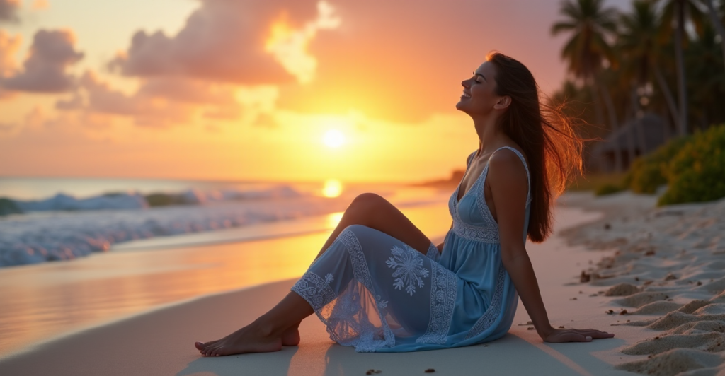 "A serene woman sits on a tranquil beach at sunset, embodying balance with Calmio's digital wellness tools and Work-Life Solutions."