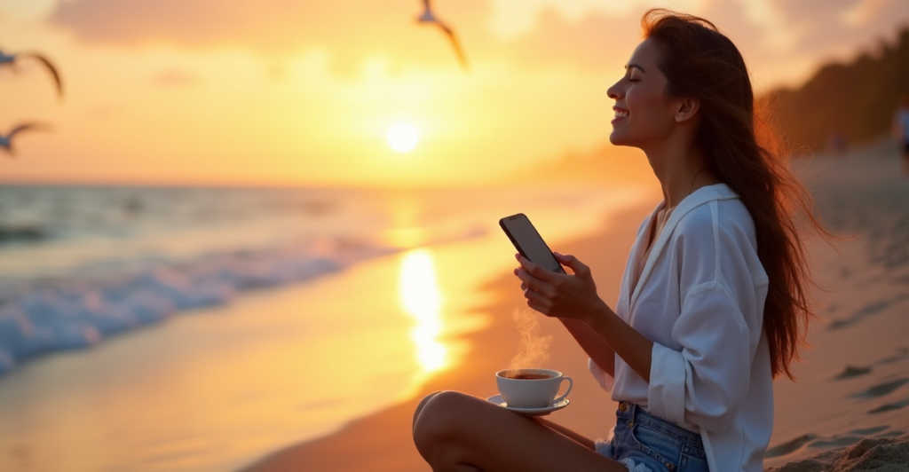 "A young woman sits on a serene beach at sunset, surrounded by digital wellness tools on her iPhone, sipping herbal tea in peaceful contemplation."