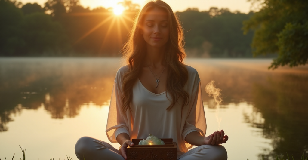 "A serene woman sits on a lake shore at dawn, surrounded by lush greenery, holding mindfulness journal and meditation box with essential oil diffuser."