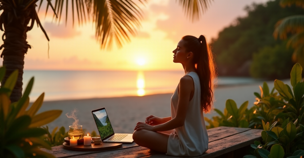 "A woman sits on a weathered wooden bench at sunset, surrounded by calming elements and digital wellness tools, exuding deep relaxation."