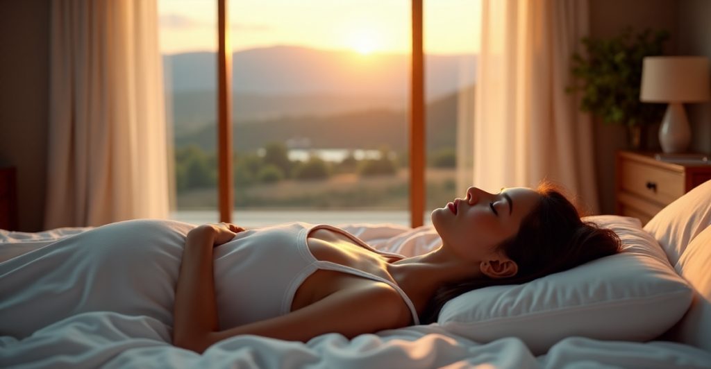 "A serene bedroom scene featuring a woman relaxing on a smart mattress with built-in temperature control, surrounded by digital wellness tools and natural scenery."