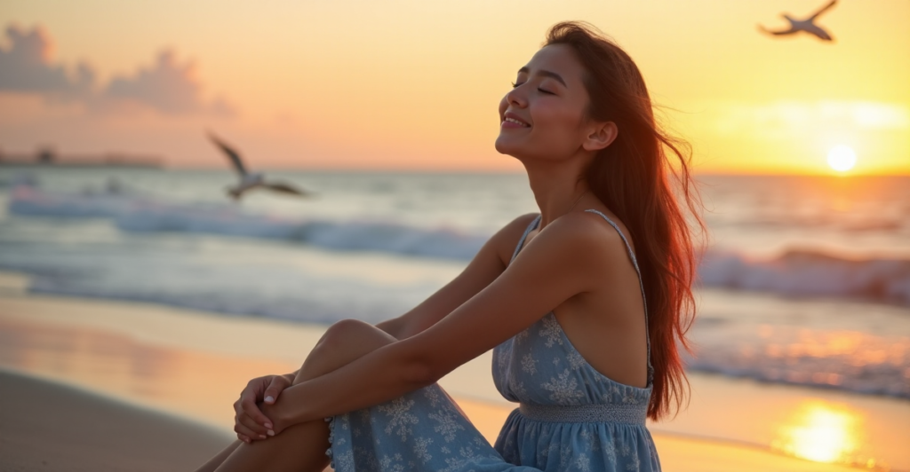 "A serene young woman sits on a tranquil beach at sunset, exuding calmness in her gentle smile and warm golden glow, surrounded by soothing natural beauty and digital wellness tools."