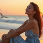 "A serene young woman sits on a tranquil beach at sunset, exuding calmness in her gentle smile and warm golden glow, surrounded by soothing natural beauty and digital wellness tools."