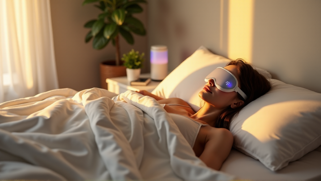 "A serene bedroom scene featuring a person on a plush bed surrounded by digital wellness tools, including a smart sleep mask, essential oil diffuser, and wearable vital sign tracker."