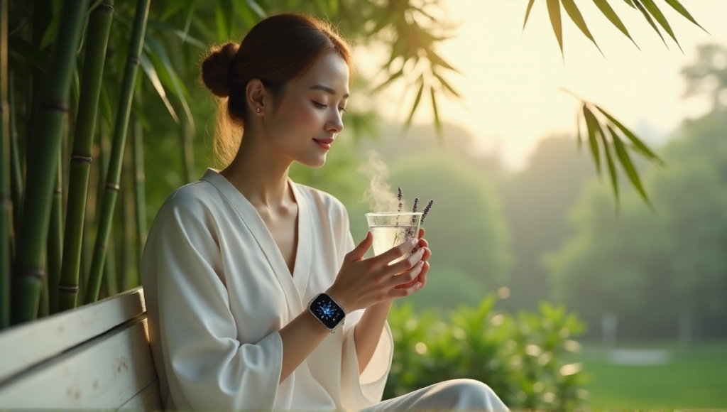 "A serene woman sits in a Japanese garden, surrounded by bamboo, holding a smartwatch and steaming lavender water amidst lush greenery."