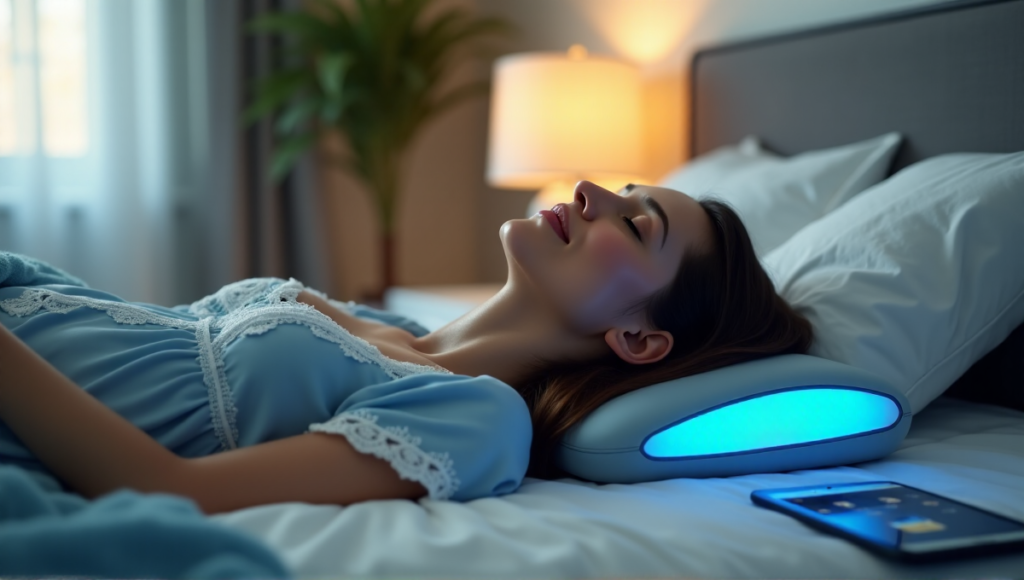 "A serene woman lies peacefully in a dimly lit bedroom surrounded by digital wellness tools, including a white noise machine, meditation cushion, and guided sleep story app."