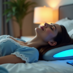 "A serene woman lies peacefully in a dimly lit bedroom surrounded by digital wellness tools, including a white noise machine, meditation cushion, and guided sleep story app."