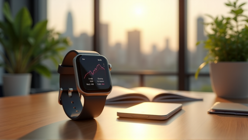 "A sleek silver smartwatch on a minimalist desk in a modern home office, displaying heart rate variability and stress levels, surrounded by lush greenery and natural light."