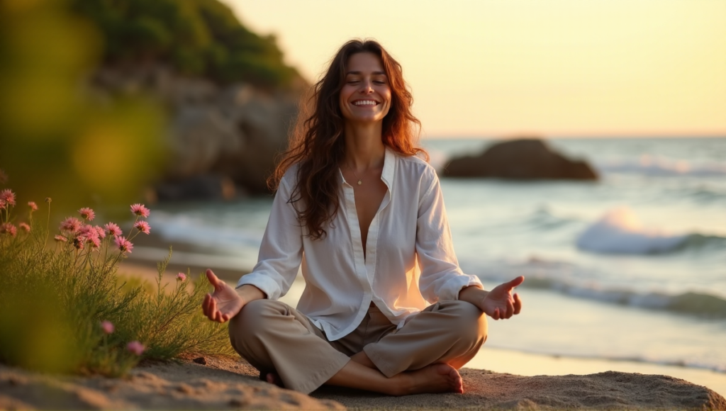 "A serene middle-aged woman sits cross-legged on a beach rock at sunset, surrounded by lush greenery and vibrant flowers, embodying inner peace with digital wellness tools."