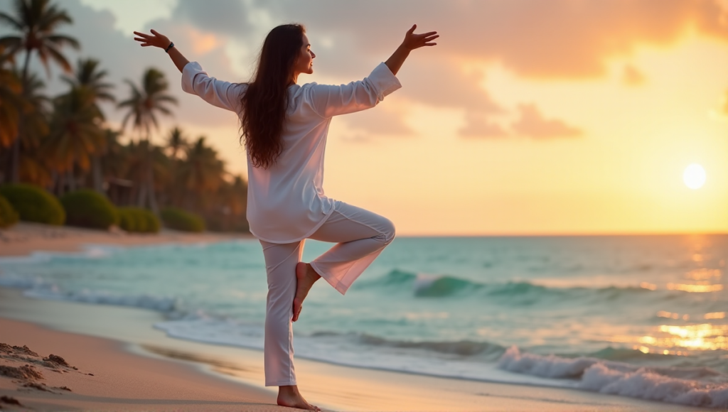 "A serene woman practices yoga on a tranquil beach at sunset, embodying holistic wellness with Calmio's digital wellness tools and strategies."