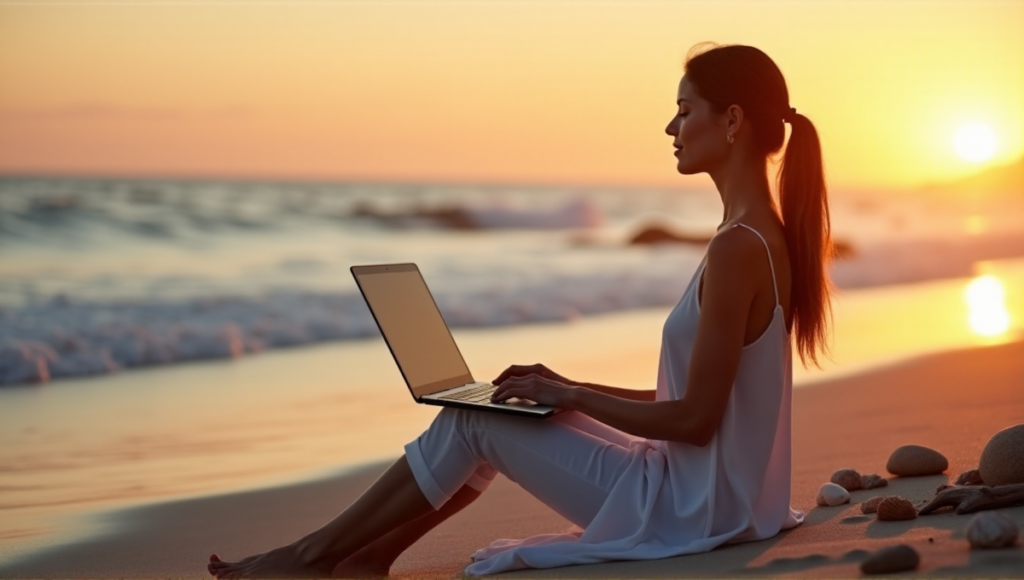 "A serene woman sits on a tranquil beach at sunset, surrounded by calming elements, using digital wellness tools to achieve balance."