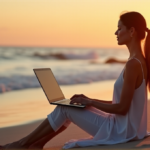 "A serene woman sits on a tranquil beach at sunset, surrounded by calming elements, using digital wellness tools to achieve balance."