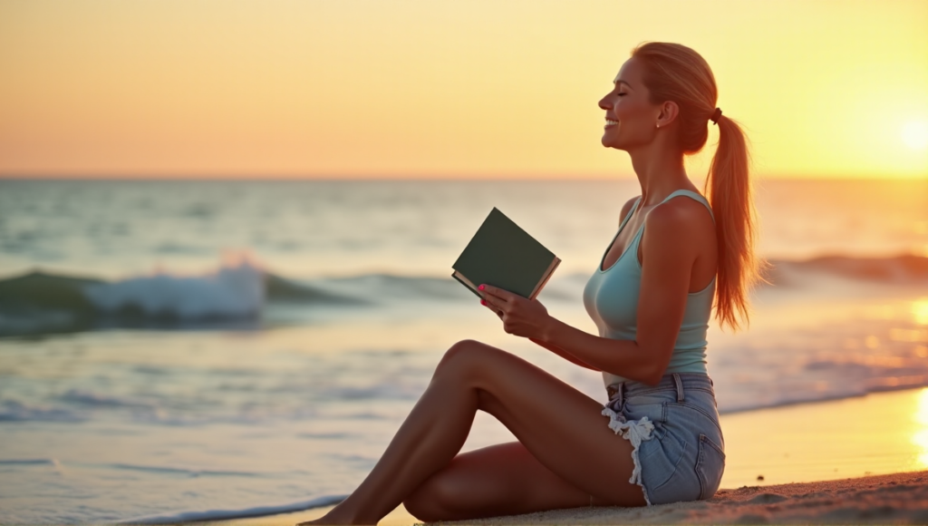 "A serene woman on a beach at sunset, practicing yoga and journaling with digital wellness tools in a peaceful atmosphere."