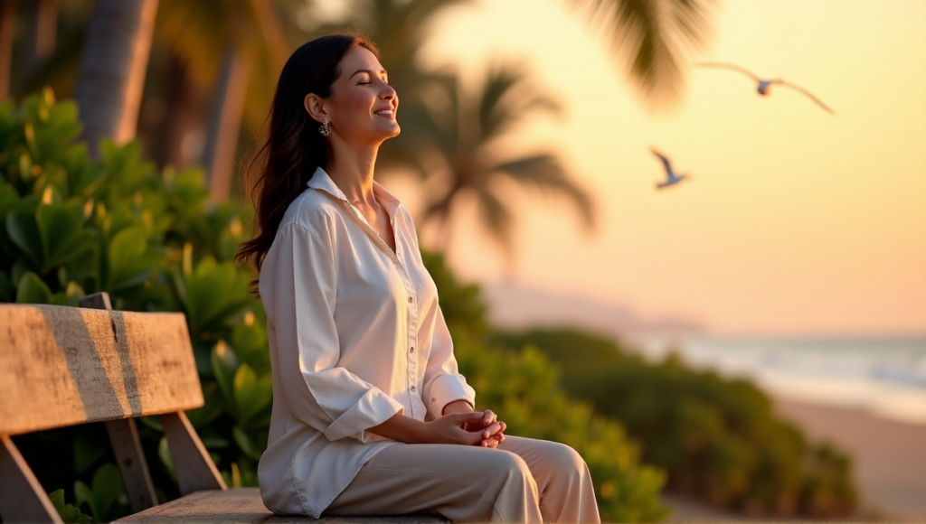 "A serene woman sits on a tranquil beach at sunset, embodying balance with Calmio's digital wellness tools."