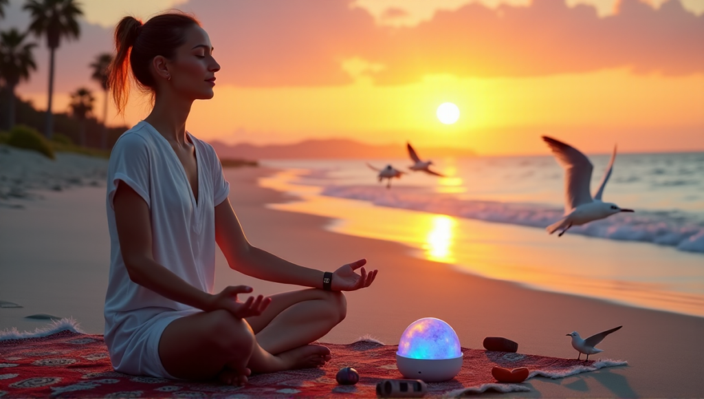 "A serene woman meditates on a tranquil beach at sunset surrounded by digital wellness tools, including a smartwatch, earbuds, and meditation tracker."
