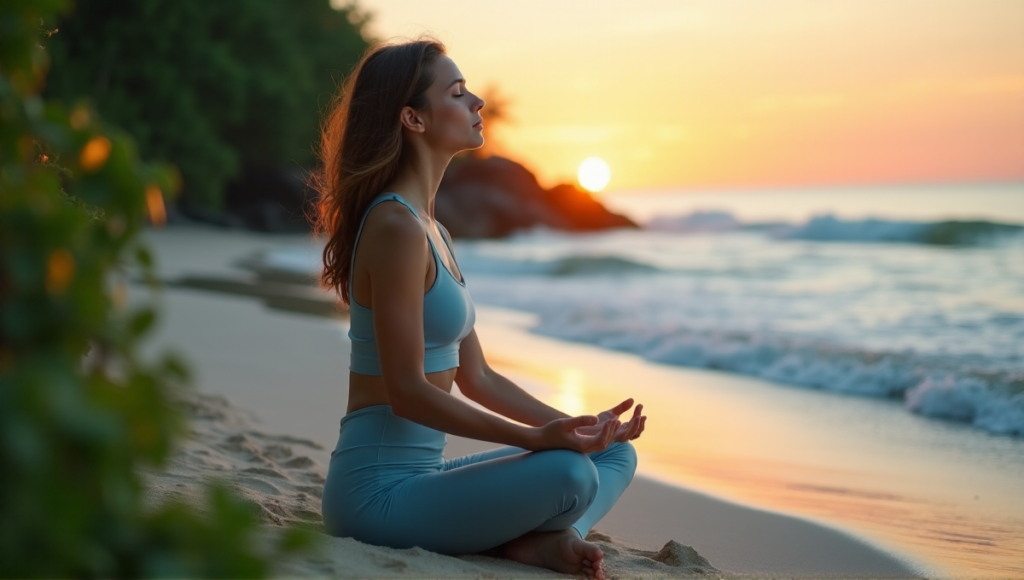 "A serene young woman sits on a tranquil beach at sunset, exuding inner peace amidst gentle waves and lush greenery."