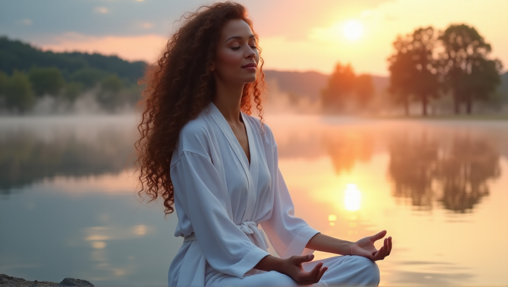 "A serene middle-aged woman meditates on a tranquil lake shore at dawn, surrounded by nature's calming essence and digital wellness tools."