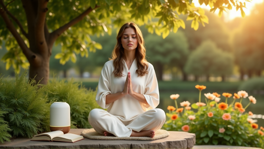 "A serene woman sits on a natural stone bench amidst lush greenery and vibrant flowers, surrounded by digital wellness tools like a meditation cushion, mindfulness journal, and essential oil diffuser."