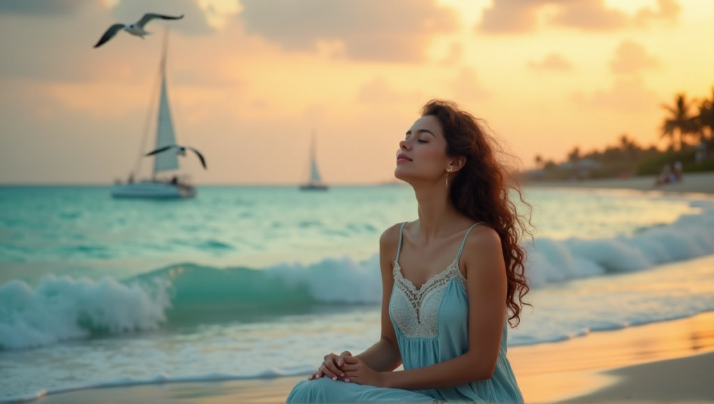 "A serene woman sits on a tranquil beach at sunset, embodying mindful moments with closed eyes and gentle hands, surrounded by turquoise water, sailboats, and palm trees."
