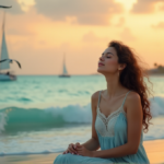 "A serene woman sits on a tranquil beach at sunset, embodying mindful moments with closed eyes and gentle hands, surrounded by turquoise water, sailboats, and palm trees."