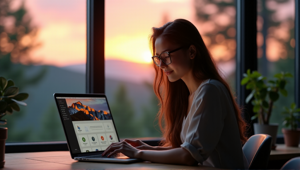 A young woman sits at a minimalist desk in her home office, surrounded by natural light and a serene forest view, using digital wellness tools like Todoist, Headspace, and RescueTime on her MacBook Pro.