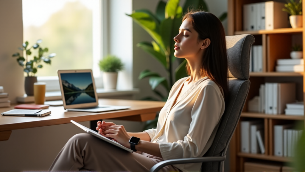 A serene woman sits comfortably in a minimalist office chair, surrounded by digital wellness tools and calming nature on her tablet, promoting balance and productivity.