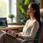 "Unlock Balance and Boost Productivity with Top Digital Wellness Tools" A serene woman sits comfortably in a minimalist office chair, surrounded by digital wellness tools and calming nature on her tablet, promoting balance and productivity.