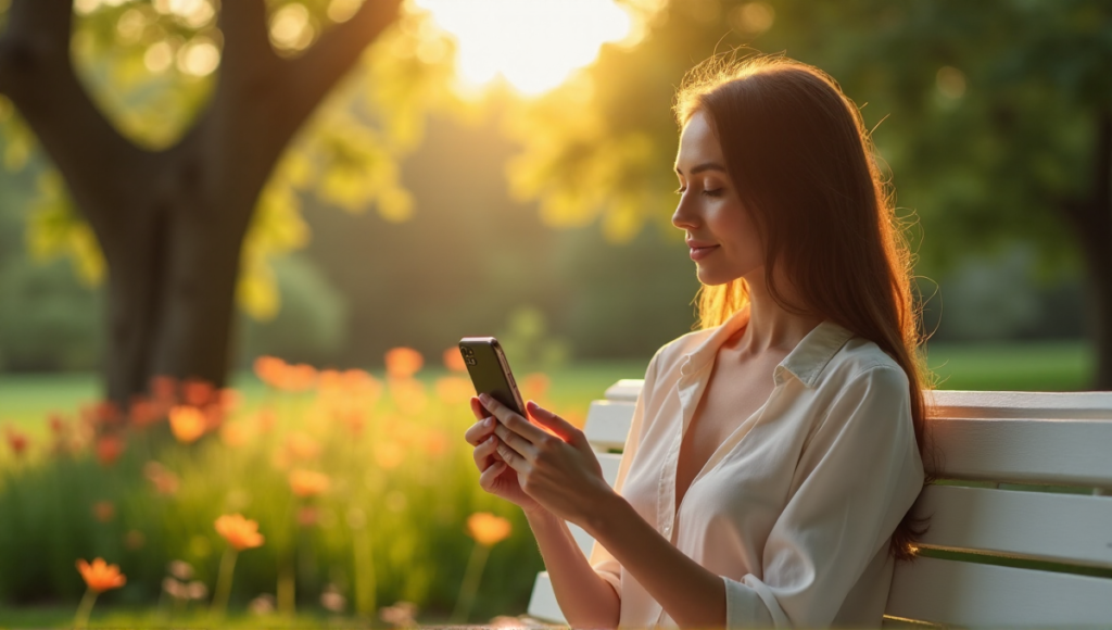 "A serene woman meditates on a mindfulness app in a lush garden, surrounded by nature's tranquility and digital wellness tools."