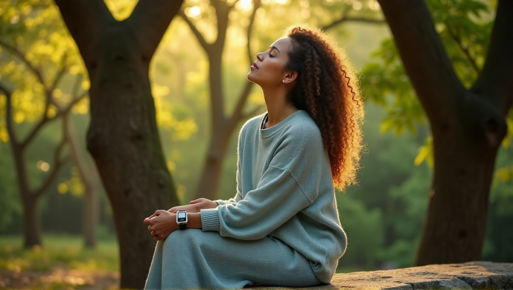 "A serene woman sits on a natural stone bench in a lush forest, wearing a pale blue sweater and holding a Calmio smartwatch, surrounded by dappled shadows and vibrant foliage."