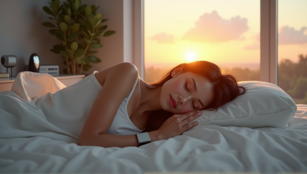 "A serene bedroom scene featuring a young adult female sleeping peacefully amidst digital wellness tools, including a sleep-tracking wearable, white noise machine, and smart thermostat."