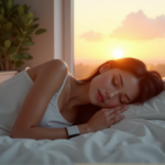 "A serene bedroom scene featuring a young adult female sleeping peacefully amidst digital wellness tools, including a sleep-tracking wearable, white noise machine, and smart thermostat."