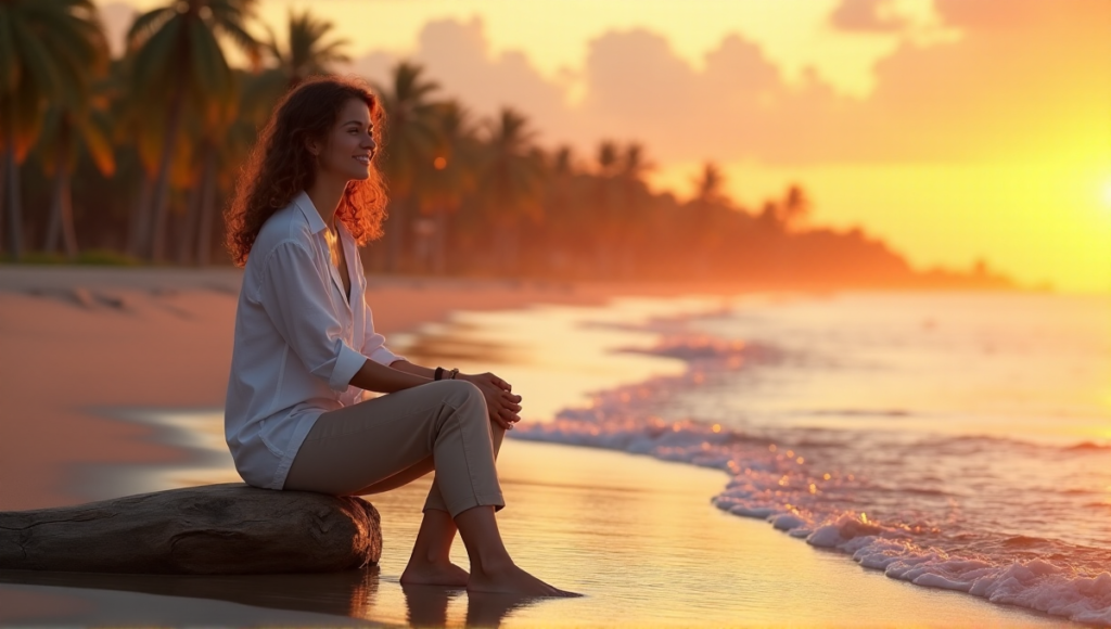 "A serene middle-aged woman sits on a weathered driftwood log at sunset, surrounded by palm trees and ocean waves, embodying mental clarity with digital wellness tools."