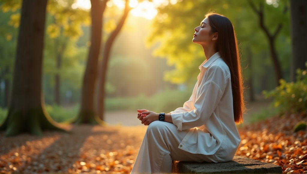 "A serene woman sits on a natural stone bench in a lush forest, surrounded by towering trees, holding a silver smartwatch with soft blue light, embodying digital wellness tools for stress-free living."
