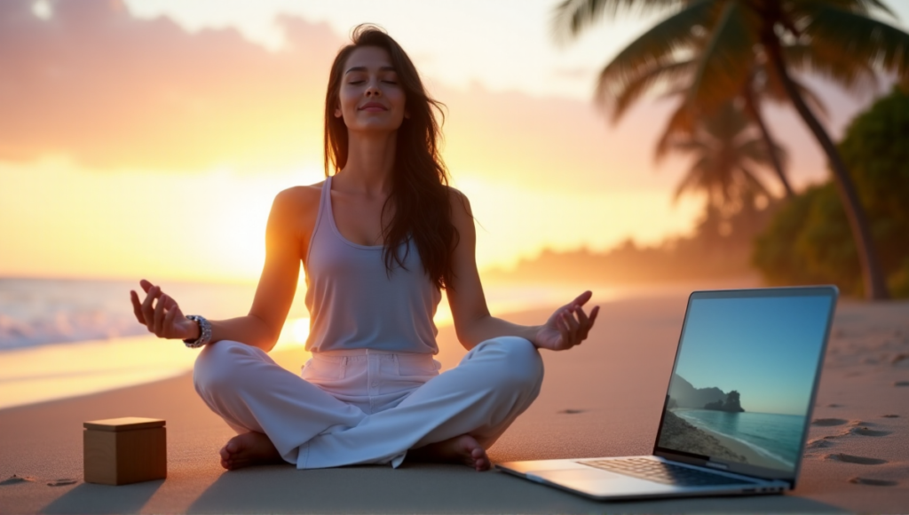 "A serene young woman sits on a tranquil beach at sunrise, surrounded by digital wellness tools like her smartwatch and laptop, exuding inner balance."