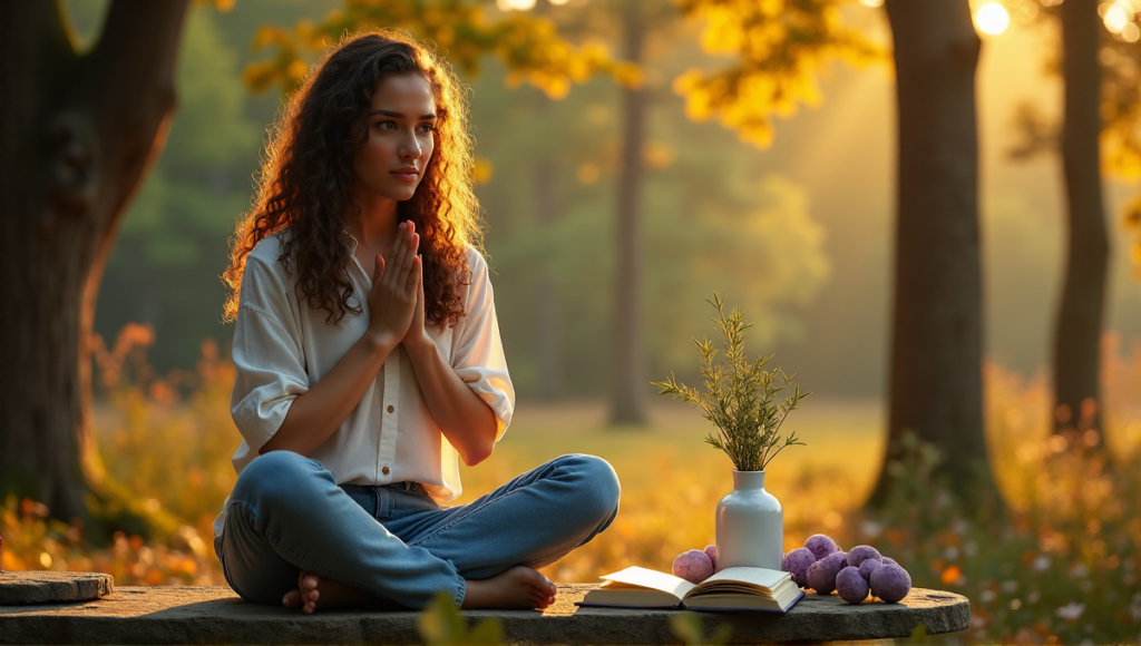 A serene woman sits on a natural stone bench in a forest glade, surrounded by calming digital wellness tools like crystal clusters, essential oil diffusers, and mindfulness journals.