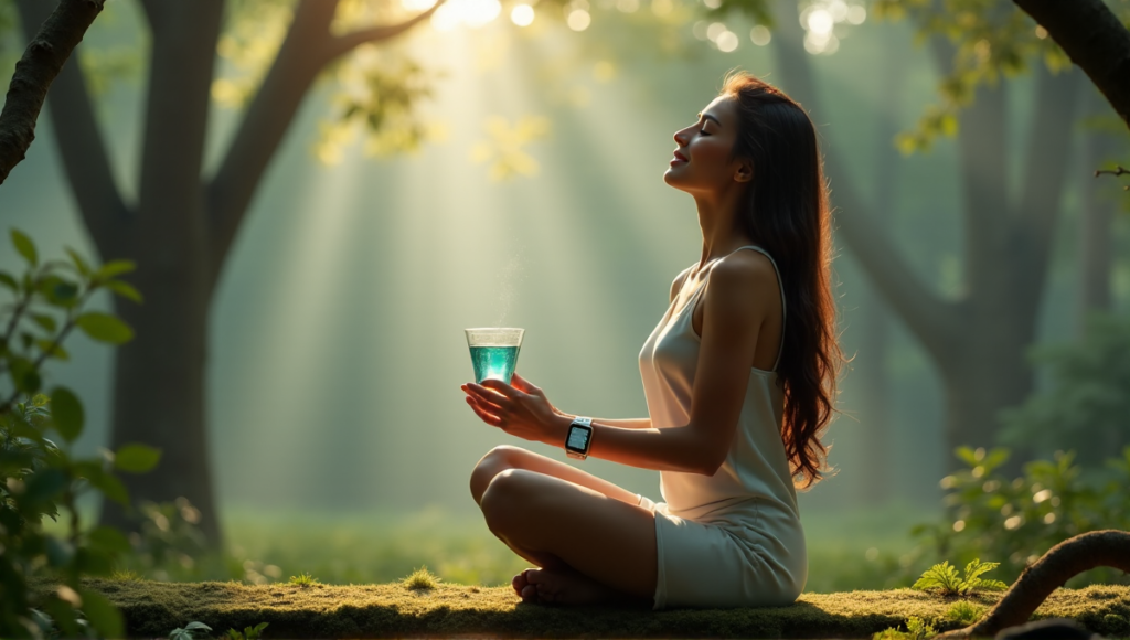 "A serene woman sits cross-legged on a moss-covered bench amidst lush greenery, surrounded by misty forest atmosphere, using digital wellness tools to find inner peace."