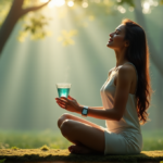 "A serene woman sits cross-legged on a moss-covered bench amidst lush greenery, surrounded by misty forest atmosphere, using digital wellness tools to find inner peace."