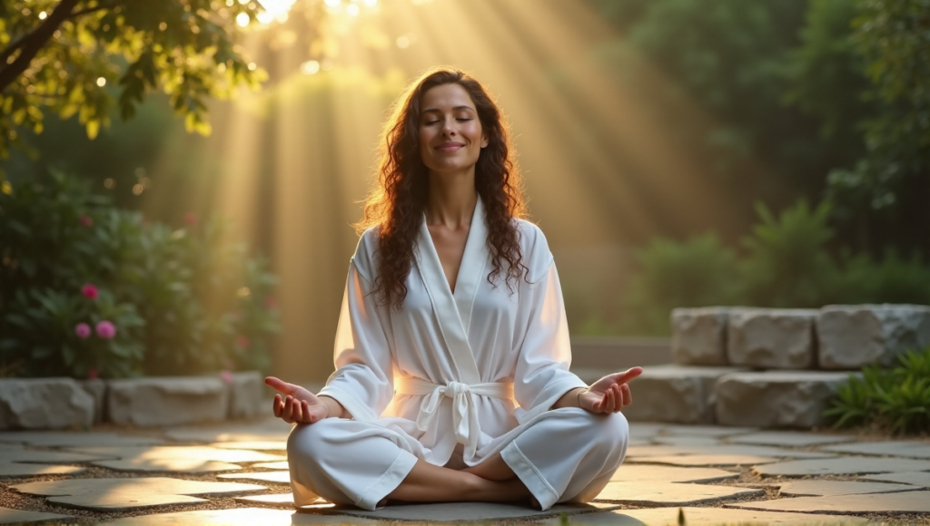 "A serene woman meditates on a stone patio surrounded by lush greenery, exuding inner peace and balance in a tranquil morning atmosphere."