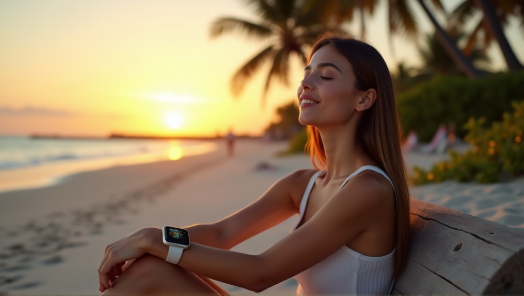 "A serene young woman sits on a beach at sunset, eyes closed, with a silver smartwatch displaying a calming nature scene, symbolizing digital wellness tools promoting balance."