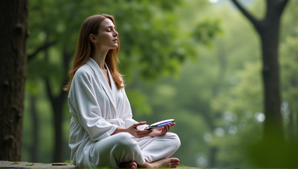 "A serene woman sits on a natural stone bench in a lush forest, holding a silver meditation device with LED glow, exuding inner peace amidst digital wellness tools."