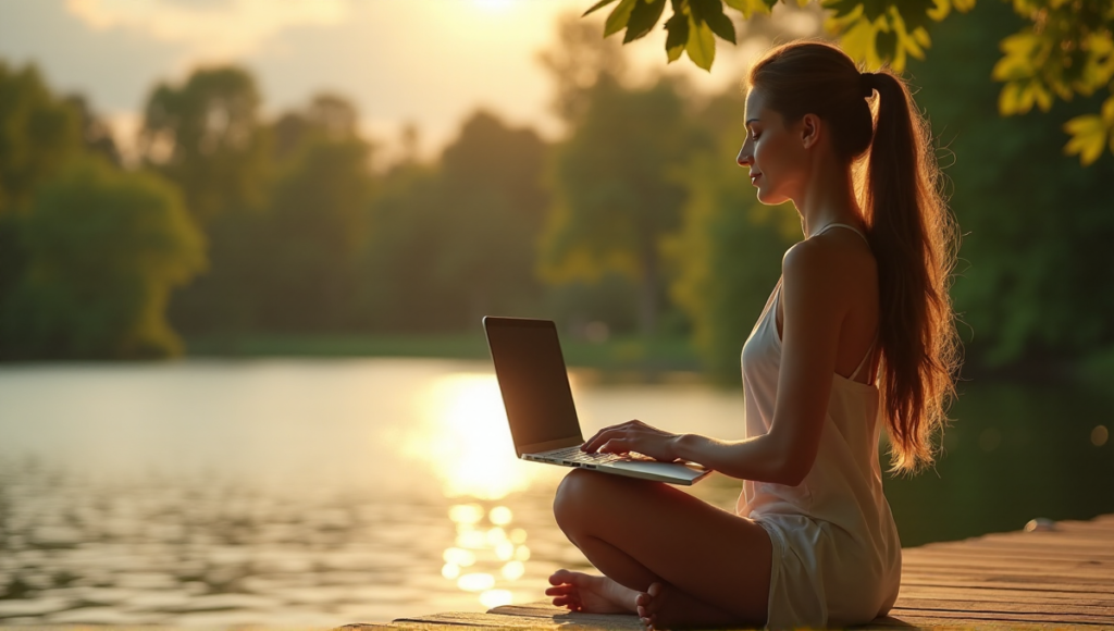 "A serene woman sits on a wooden dock at sunset, surrounded by lush greenery, with digital wellness tools nearby, exuding deep relaxation."
