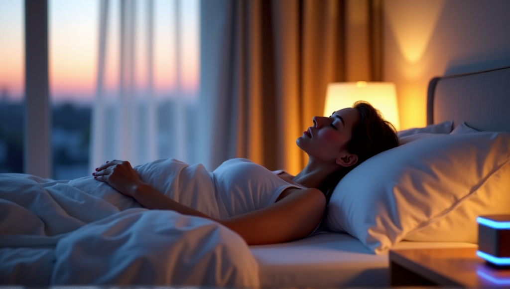"A serene bedroom scene featuring a person relaxing on a plush bed with a sleek digital wellness tool on their nightstand, softly glowing in the fading evening light."