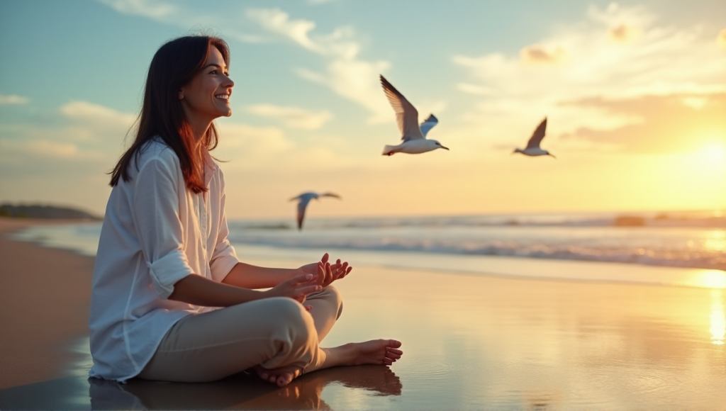 "A serene middle-aged woman sits on a tranquil beach at sunset, embodying calmness with her relaxed pose and open hands, surrounded by natural beauty and inviting digital wellness tools."