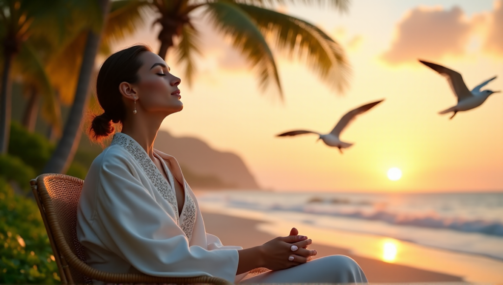 "A serene woman sits on a tranquil beach at sunset, embodying mindfulness with her peaceful demeanor amidst lush greenery and palm trees, surrounded by warm natural light."