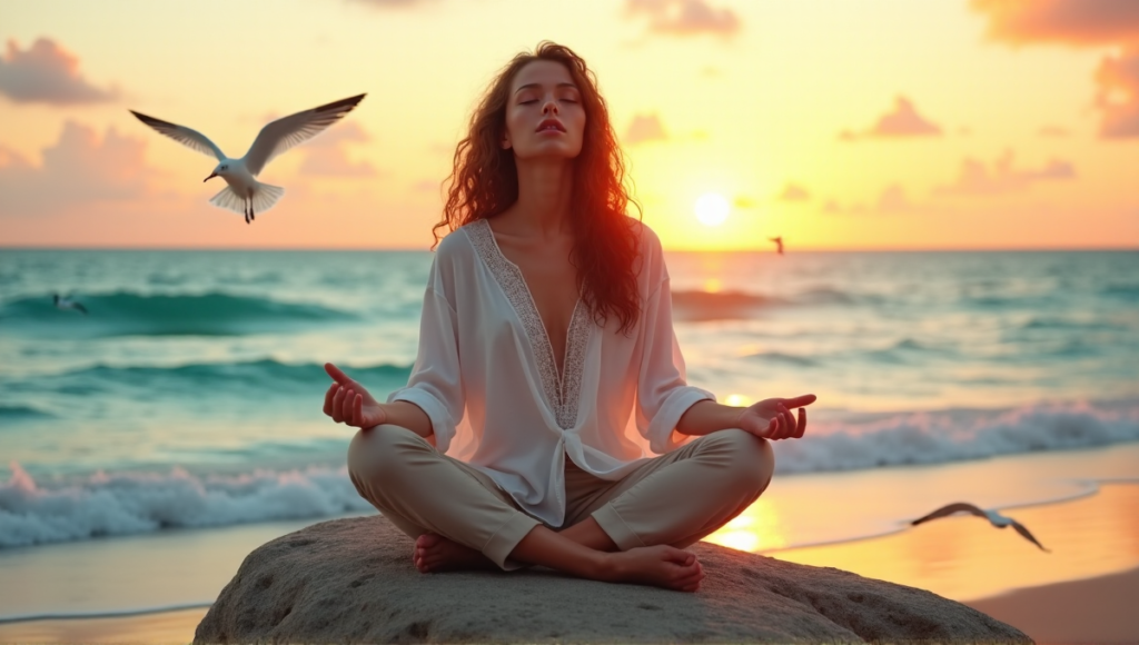 "A serene young woman sits cross-legged on a beach rock at sunset, embodying inner peace with digital wellness tools."