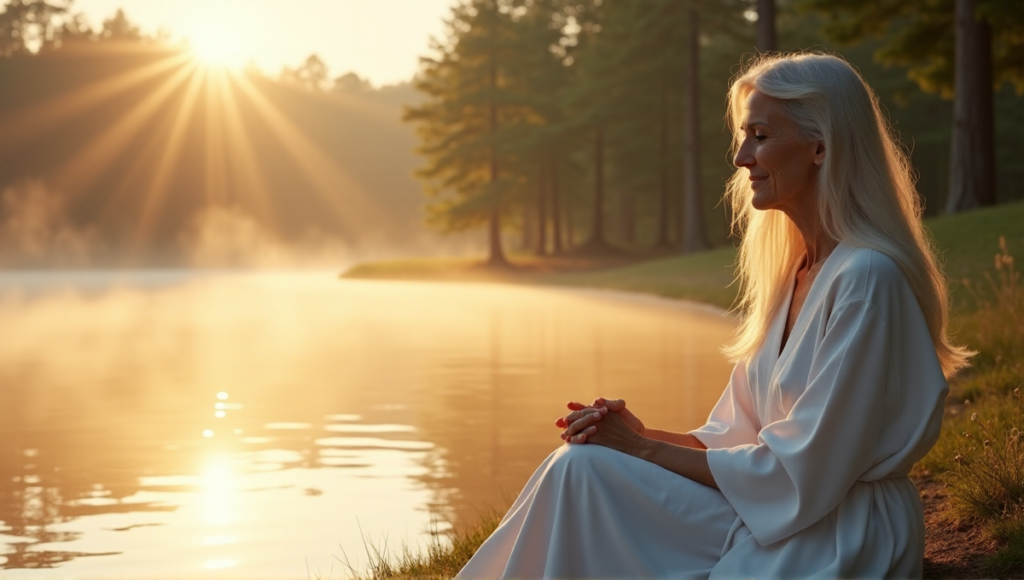"A serene middle-aged woman sits on a misty lake shore at dawn, exuding inner peace amidst nature's beauty, symbolizing digital wellness tools for stress management."