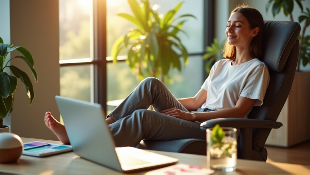 "A young woman sits comfortably in a minimalist workspace surrounded by digital wellness tools, promoting balance and mindfulness."